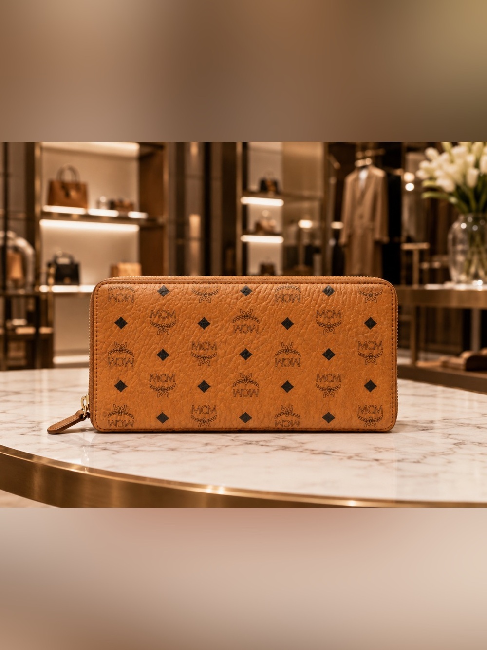 MCM Visetos Cognac Large Zip Around Wallet